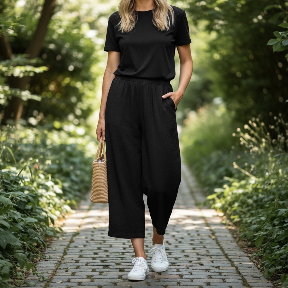 Madewell Wide Leg Elastic Waist Lightweight Pants Size‎ Large Black